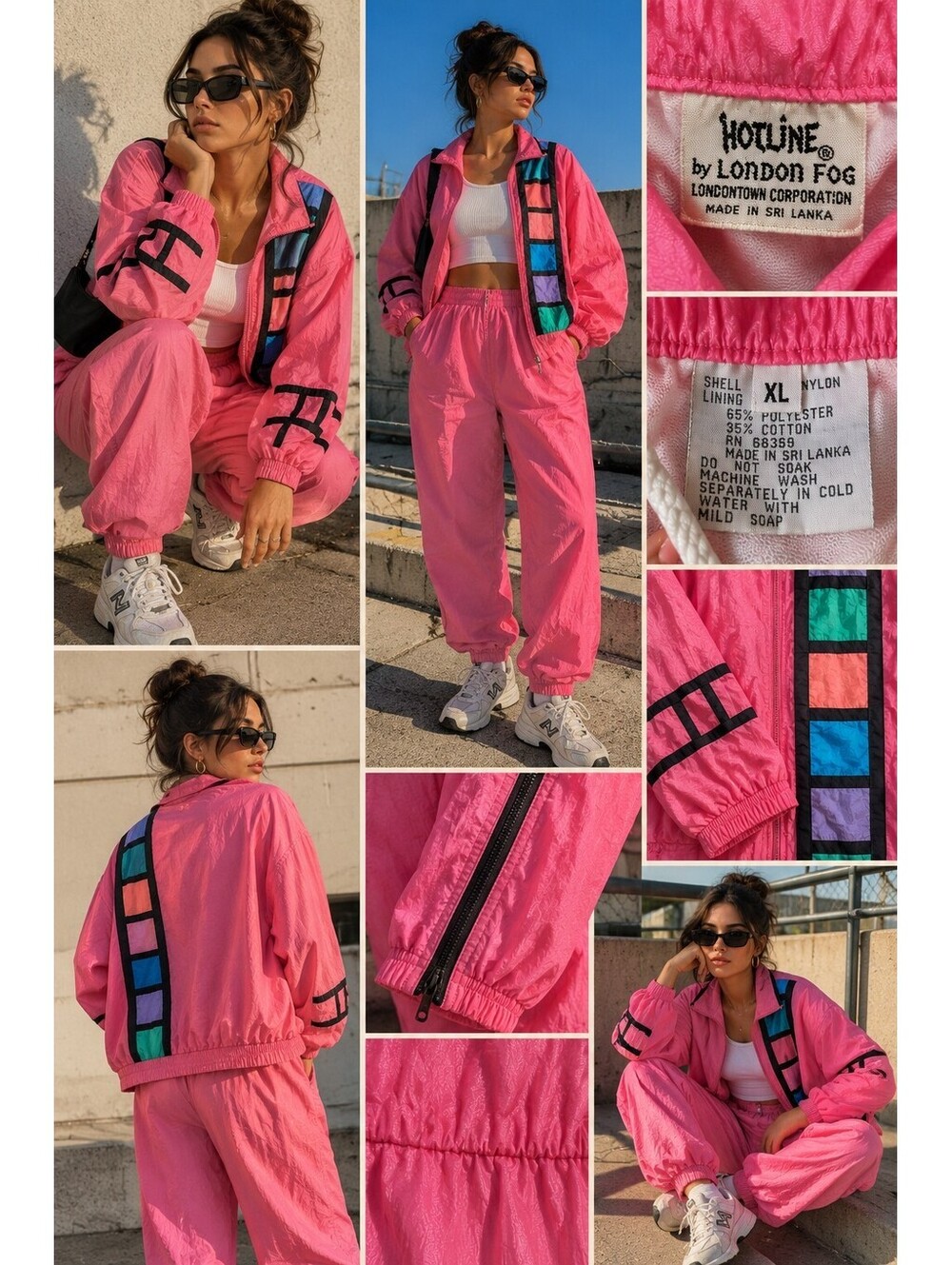 Vtg 80s Towne by London Fog Nylon Tracksuit Set Neon Pink Colorblock Pants XL